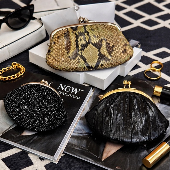 Vintage Handbags - Vintage Coin Purse Bundle 3 Snake Skin Eel Skin Beaded Kiss Lock